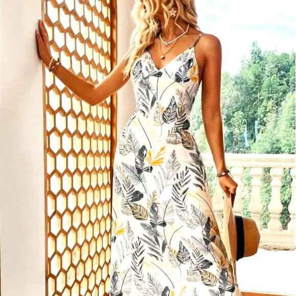 NARROW STRAP HIGH LOW CINCHED AT WAIST FOREST PRINT MIDI DRESS IN GREENS & BROWN - Picture 1 of 4